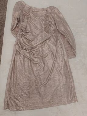 R&M Richards Rose Gold Metallic Long Sleeve Evening Dress